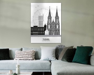 Skyline illustratie stad Tilburg in zwart-wit-grijs (kermis) van Mevrouw Emmer