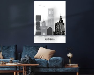 Skyline illustratie stad Culemborg in zwart-wit-grijs van Mevrouw Emmer