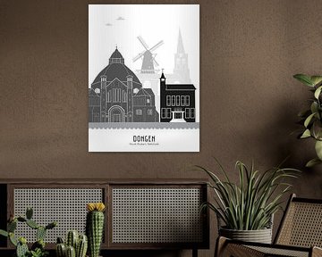 Skyline illustratie stad Dongen in zwart-wit-grijs van Mevrouw Emmer