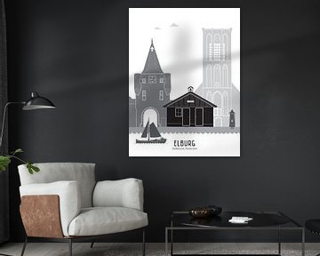 Skyline illustratie stad Elburg in kleur van Mevrouw Emmer