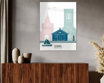 Skyline illustratie stad Elburg in kleur van Mevrouw Emmer