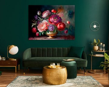 Nature morte de grandes pivoines dans un vase en or sur Studio Pieternel
