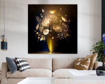 Stilleven schilderij. Gouden vaas met bloemen en gipskruid van Studio Pieternel