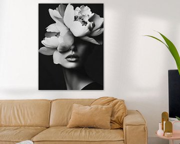 Vrouwelijk gezicht met bloemen in zwart wit van Franka Poulain