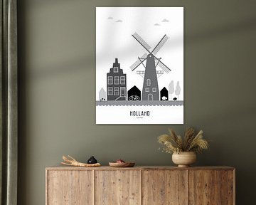 Skyline illustratie Holland in zwart-wit-grijs van Mevrouw Emmer