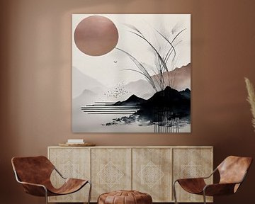 Japandi - WabiSabi Art - Mistig Japans berglandschap van Studio Pieternel