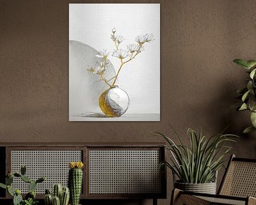 Minimalistisch Japandi stilleven:  Bloesem op gouden vaas van Studio Pieternel