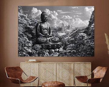Serene Boeddha in monochroom berglandschap