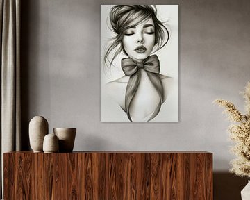 Jonge vrouw met strik in zwart wit lijntekening van Franka Poulain