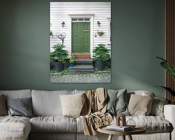 The green door with pine trees in Stavanger, Norway - street and travel photography by Christa Stroo photography