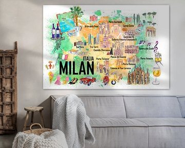 Milano Italien Illustrated Travel Poster Favorit Karte mit Straßen und touristischen Highlights