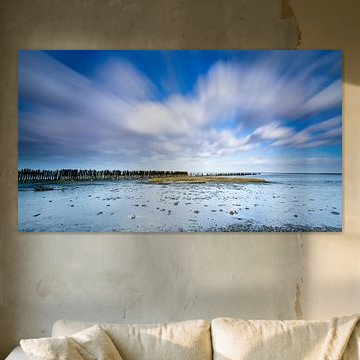 Het wad bij Moddergat met zeewering paaltjes