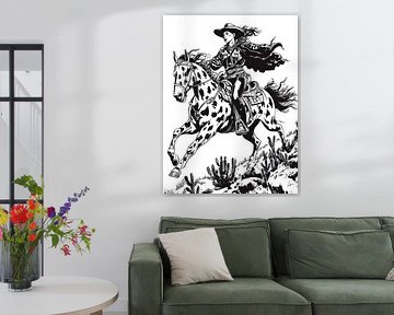 Galloping cowgirl on dotted horse in retro cartoon style by Franka Poulain