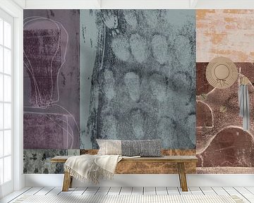 Abstract organic and geometric shapes shapes. Collage in purple, brown, blue.