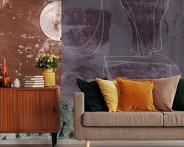 Abstract organic and geometric shapes shapes. Collage in purple, terra, grey.