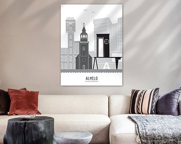 Skyline illustratie stad Almelo in zwart-wit-grijs van Mevrouw Emmer