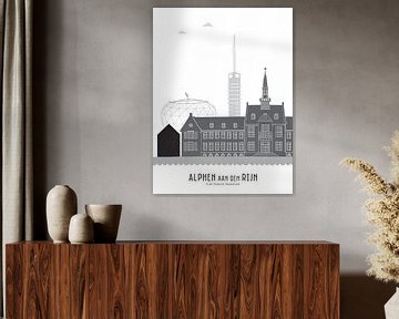 Skyline illustration Alphen aan den Rijn in black-and-white-grey by Mevrouw Emmer