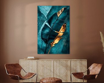 Leaf design blue gold by Poster Art Shop