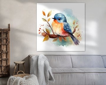 Aquarel - Kleurrijke vogel op tak van Pixelbull Design
