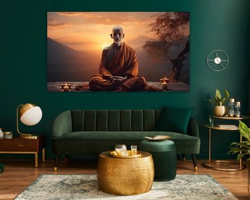 Hindu monk meditating in a temple with a mountain landscape in the background by Animaflora PicsStock