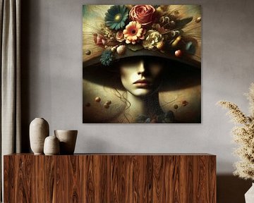 Portret van een vrouw met een hoed en bloemen