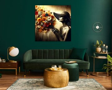 portret van een vrouw met een hoed en bloemen