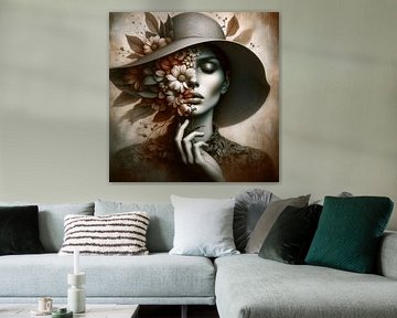Portret van een vrouw met een hoed en bloemen