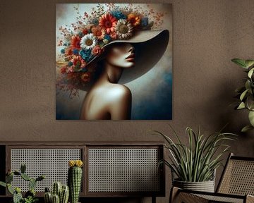 portrait of a woman with a hat and flowers