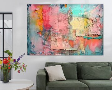 Abstract schilderij, roze en geel  