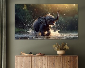Playful Baby Elephant in Water by Lisa Bovenlander