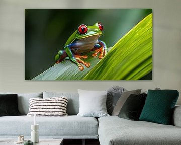 Vibrant Red-Eyed Tree Frog on Leaf by Lisa Bovenlander