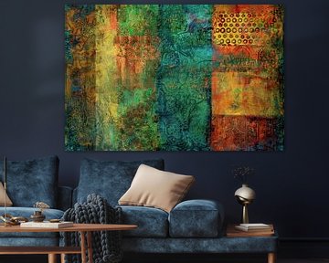 Abstract schilderij, groen met herfstkleuren 