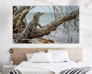 Krokodil op ontdekkingstocht op het strand van Klaus Tesching - Art-AI