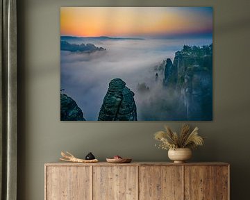 Sunrise and fog in Saxon Switzerland by t.ART