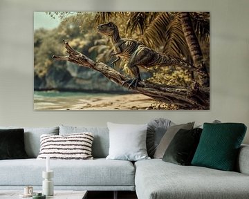 Dinosaurussen op verkenning op het strand van Klaus Tesching - Art-AI