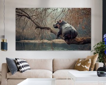 Nijlpaard rustend op een tak bij de rivier van Klaus Tesching - Art-AI