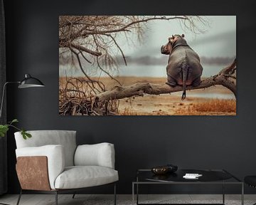 Nijlpaard op tak boven droge savanne van Klaus Tesching - Art-AI