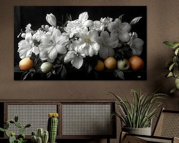 zwart wit stilleven van bloemen en fruit in een extreem dramatisch licht van Gelissen Artworks