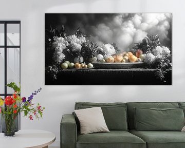 zwart wit stilleven van bloemen en fruit in een extreem dramatisch licht van Gelissen Artworks