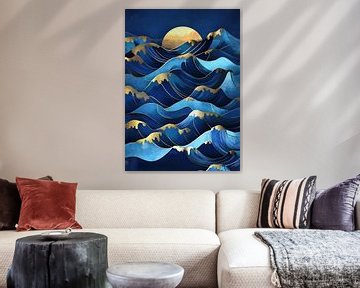Art Deco Wellen Meer Gold Mond Blau von Niklas Maximilian