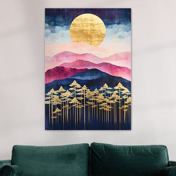 Art Deco Gold Opal Wald Rosa Blau Himmel Berge von Niklas Maximilian