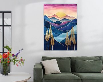 Art Deco Landscape Mountains Moon Gold Blue Purple