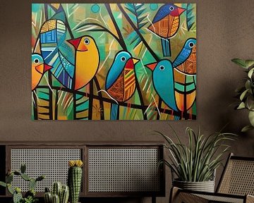 Schilderij Kleurrijke Vogels | Fluitconcert van ARTEO Schilderijen