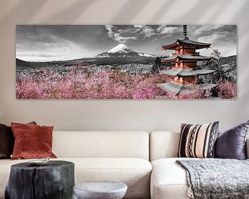 Idyllisch panoramisch uitzicht op de berg Fuji met pagode en kersenbomen | colorkey van Melanie Viola