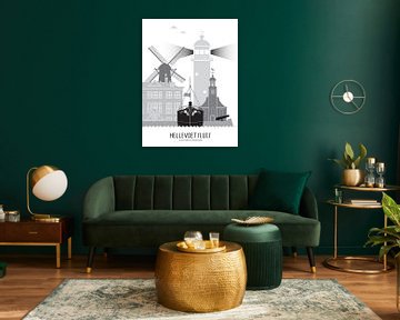 Skyline illustratie stad Hellevoetsluis in zwart-wit-grijs van Mevrouw Emmer