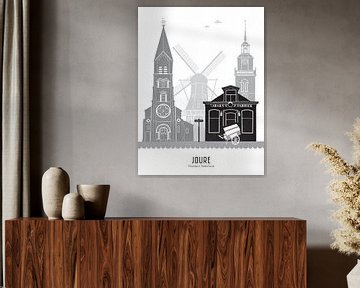 Skyline illustratie Joure in zwart-wit-grijs van Mevrouw Emmer