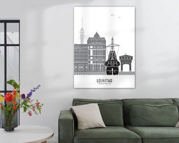 Skyline illustration city of Lelystad in black-and-white-grey by Mevrouw Emmer