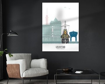 Skyline illustration city of Lelystad in colour by Mevrouw Emmer