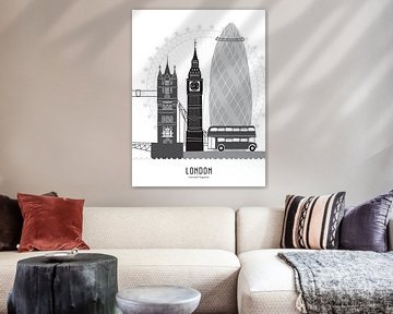 Skyline illustratie stad Londen in zwart-wit-grijs van Mevrouw Emmer