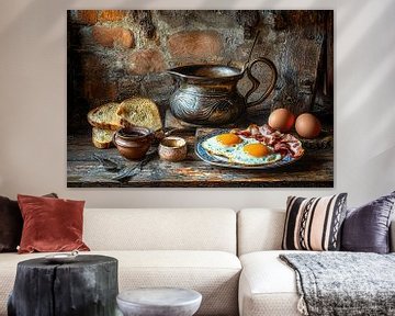 Rustiek ontbijt voor een bakstenen muur van Klaus Tesching - Art-AI